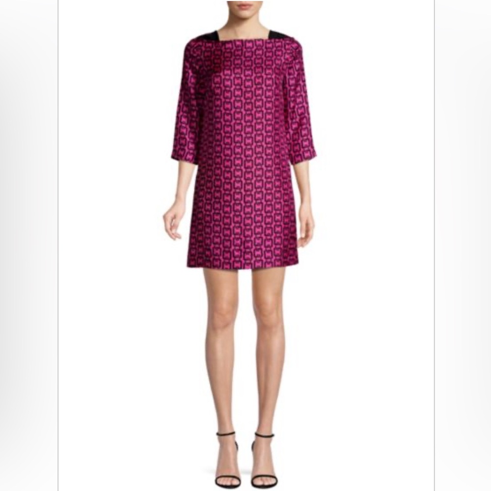 MILLY Julia Chain Print Mini Dress 3/4 Sleeve Silk Blend Size 10 Fuchsia Black